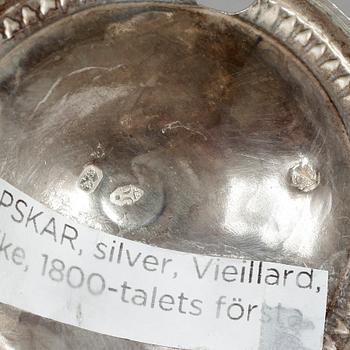 SALTKAR, 1 par samt SENAPSKAR, silver, Vieillard, Frankrike, 1800-talets första hälft.