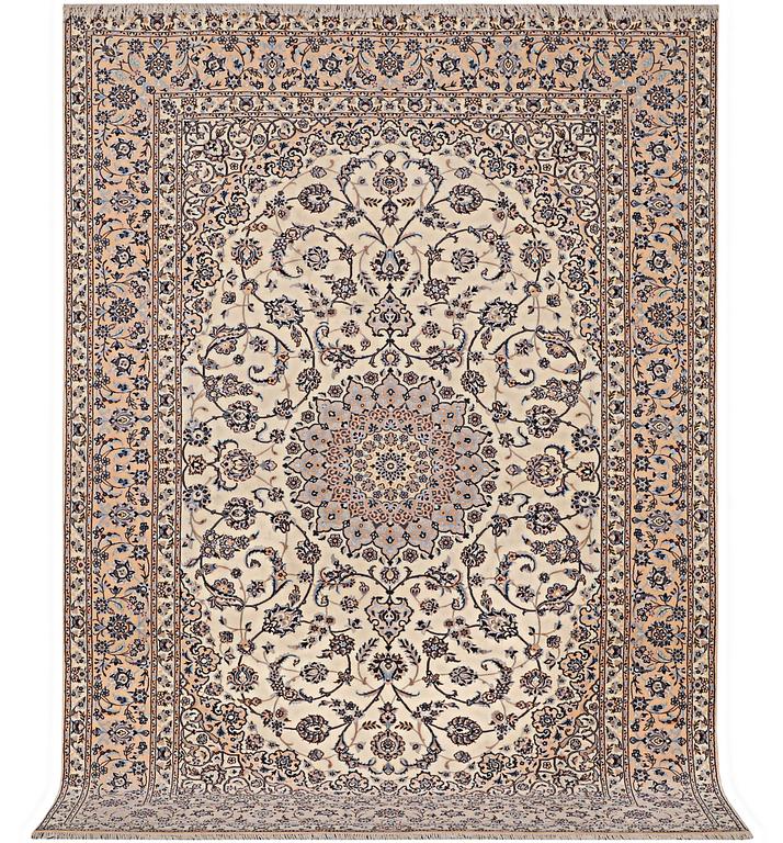 A carpet, nain, part silk, 6 laa, c. 316 x 210 cm.