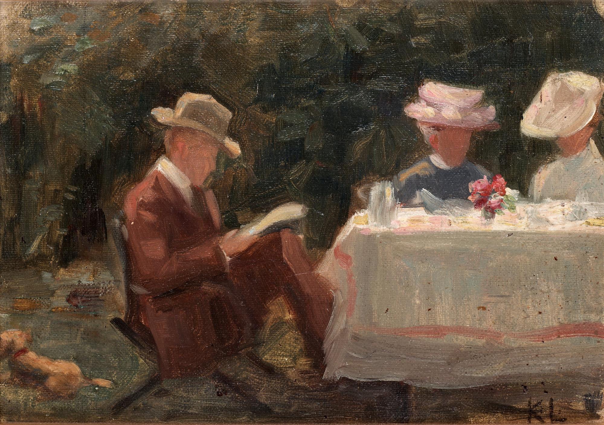 Karin Stackelberg - Lagerberg, "Sven, Dutti, Brita och valp i Bushey 1907".