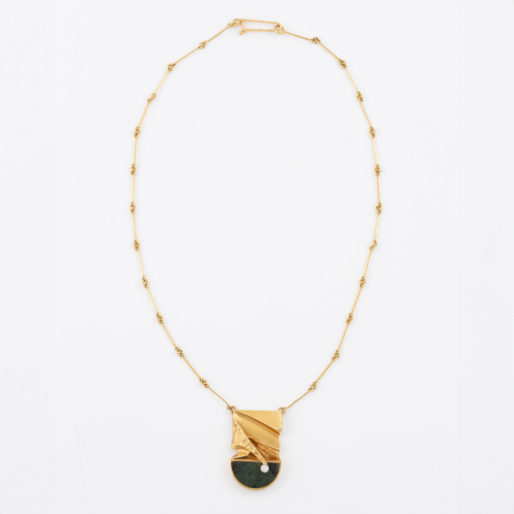 Björn Weckström, necklace, "Aztec", 18K gold with zoisite and brilliant-cut diamond. Lapponia 1976.