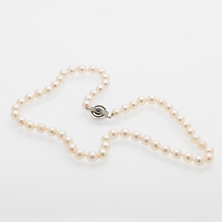 Pearl necklace, white gold clasp set with diamonds and a sapphire.