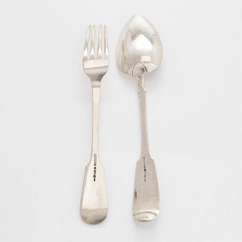 Johan Edvard Fagerroos, matskedar, 12 st, och Hjalmar Fagerroos, matgafflar 12 st, Helsingfors 1868 och 1916.