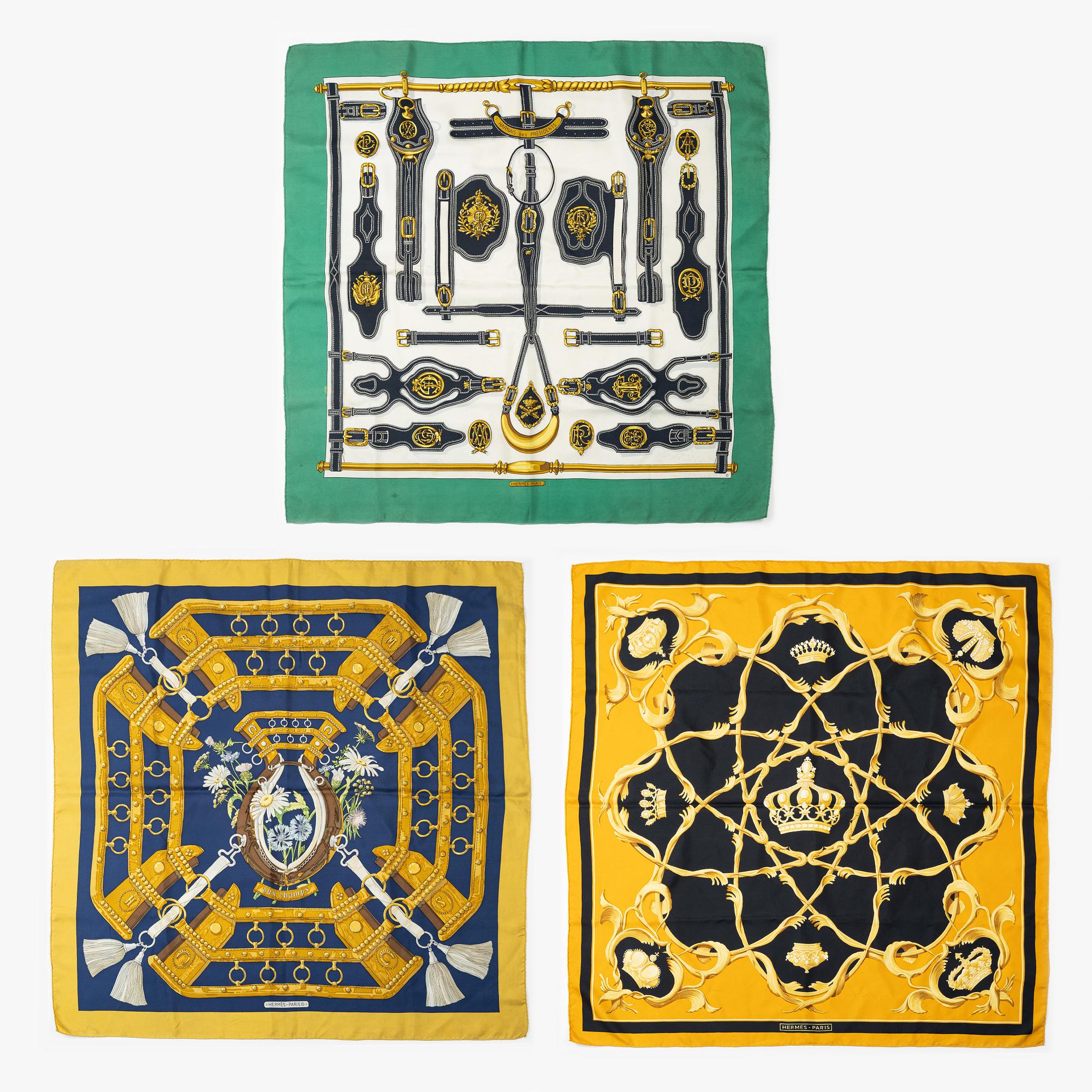 Hermès, three twill silk scarves.