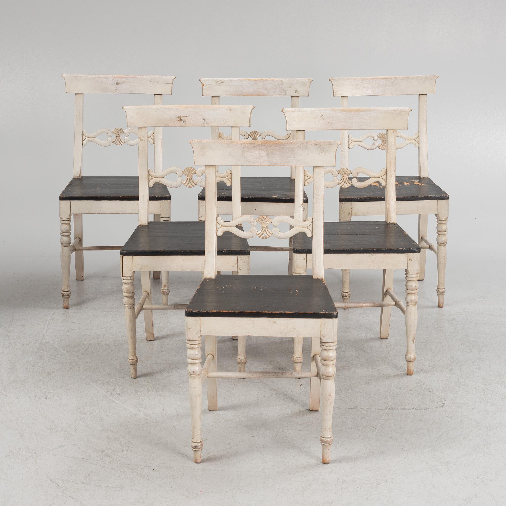 Six painted chairs, 19th Century.