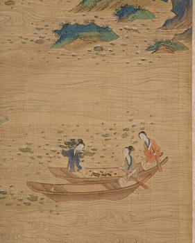 A Chinese scroll painting, ink and colour on silk, late Qing dynasty after Qiu Ying.