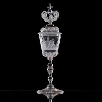 POKAL med samtida men ej ursprungligt LOCK, glas. Tyskland samt locket Kungsholms glasbruk, 1700-tal.