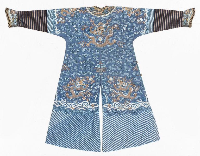 A five clawed dragon kesi robe on blue ground, Jifu, Qing dynasty, 19th Century.