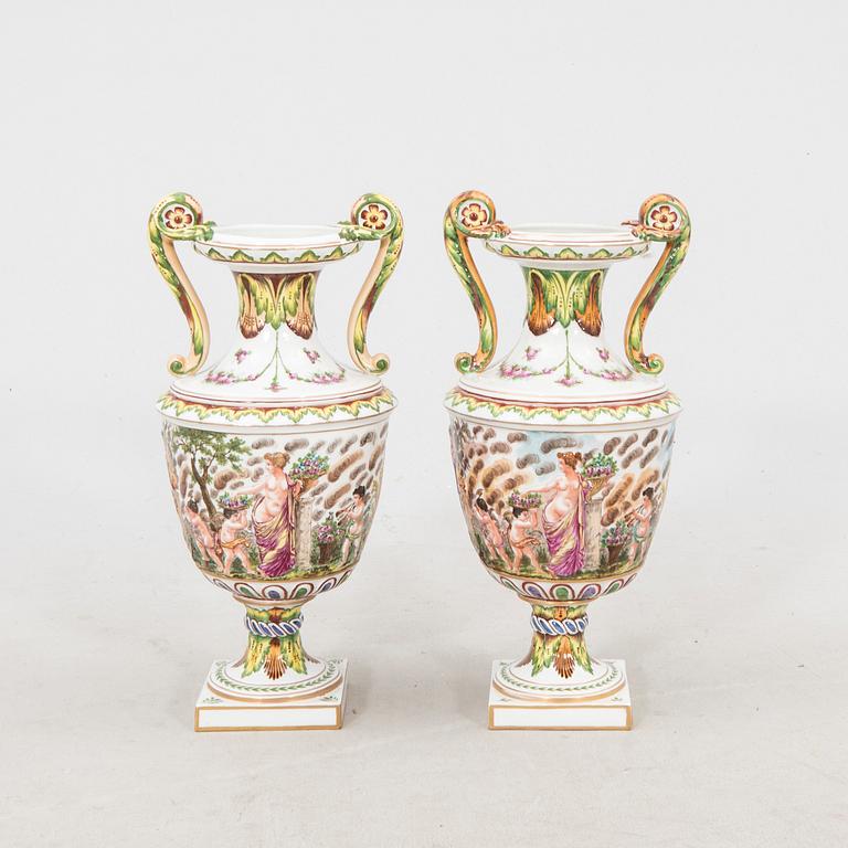 Urns a pair Capo Di Monte, Napoli-like marking, Italy, 20th century porcelain.