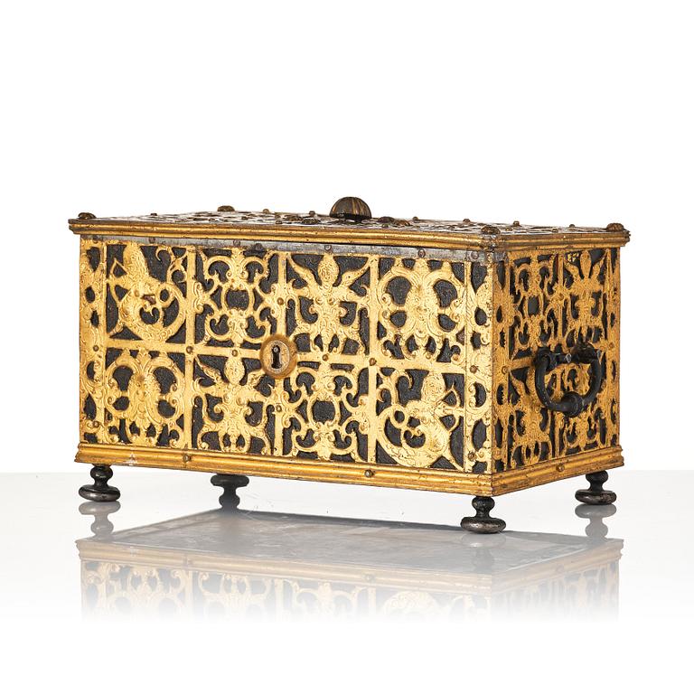 The Wrangel strongbox, a German wrought iron and steel engraved strongbox dated 1658.