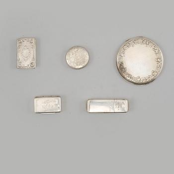 SAMLING DOSOR, 5 st, silver, 1861-1900-talets mitt.