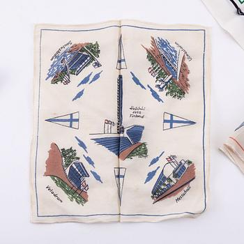 Olympic memorabilia from the summergames of Helsinki 1952: Four Scarves and five handkerchiefs.