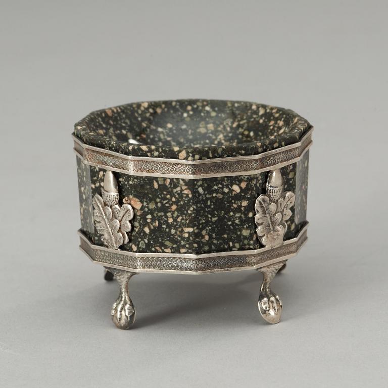A Swedish Empire porphyry and silver salt by A. P. Lindström 1836.