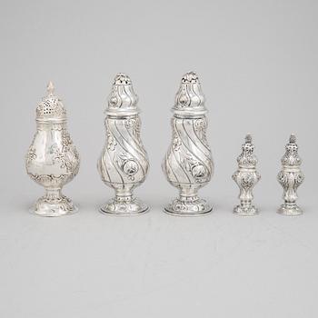 2+2+1 rococo style silver sugar shakers, Swedish import mark.