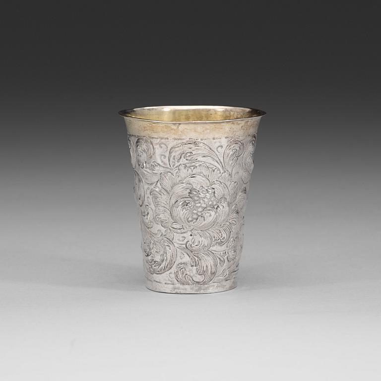 A Swedish early 18th century parcel-gilt beaker, marks of Michael Steltzner, Lidköping 1700.