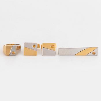 Elon Arenhill, cufflinks, ring and tie pin, 18K gold with yellow brilliant-cut diamonds.