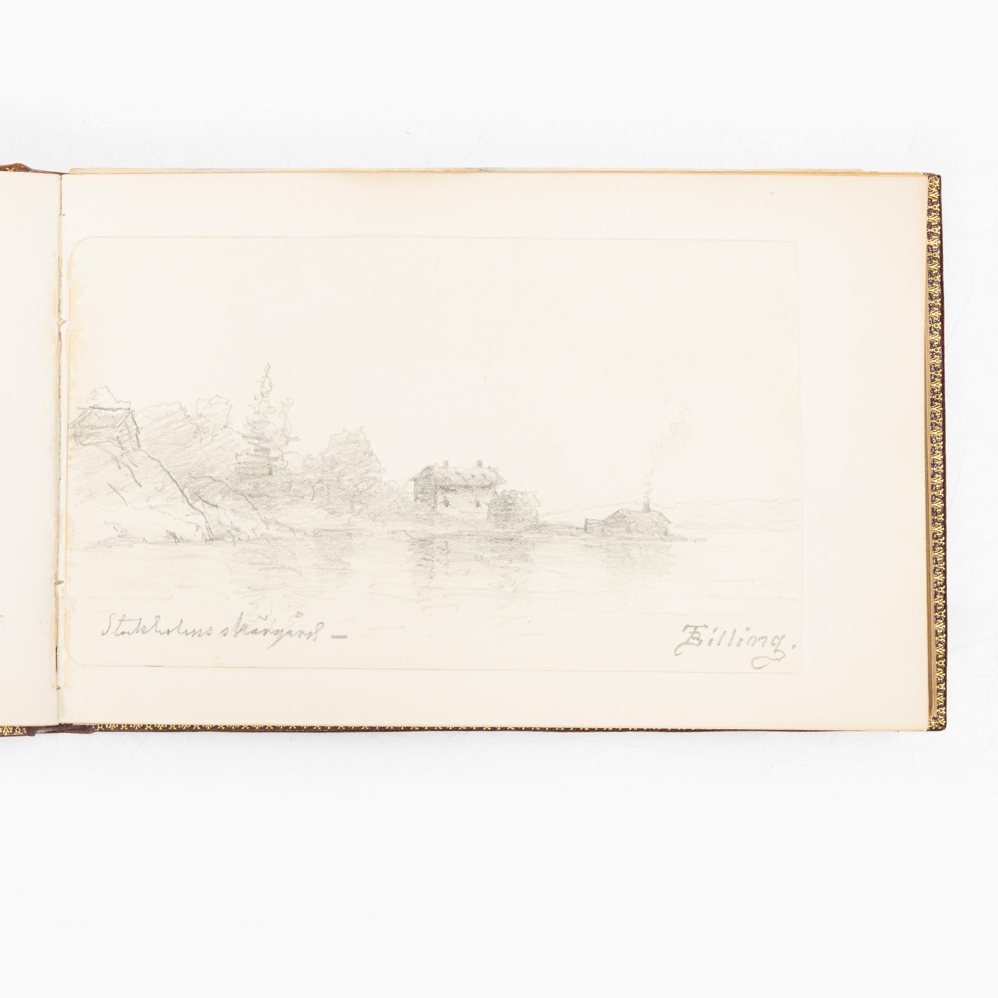 Album with among other things 16 pieces of watercolours and drawings by Swedish artists.