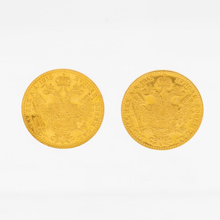 Coins 2 pcs 1 ducat gold, Austria-Hungary 1915.