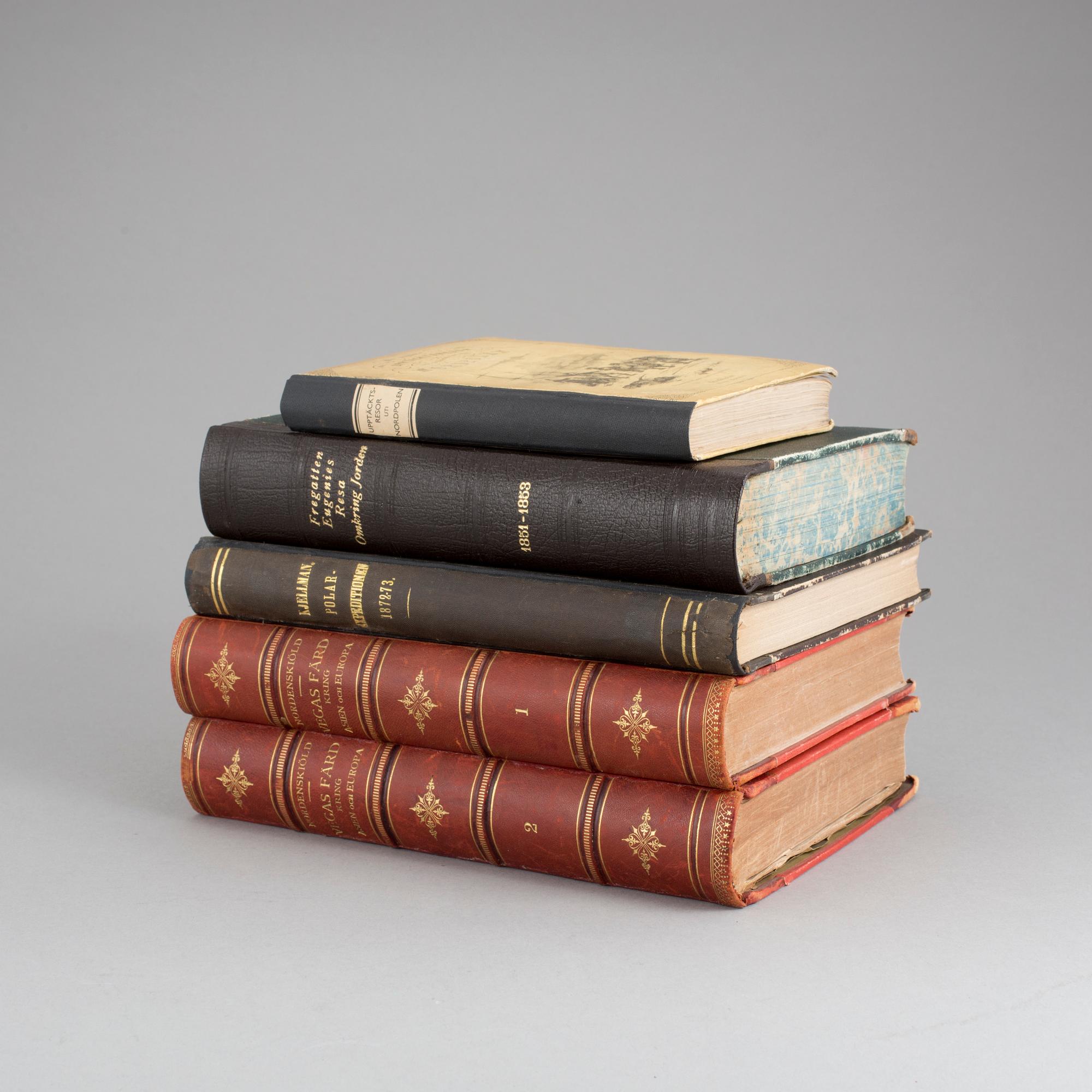 BOKPARTI OM UPPTÄCKTSRESOR, 5 vol, bla Vegas färd kring Asien och Europa, I-II, av A.E. Nordenskiöld, Stockholm 1880-81.