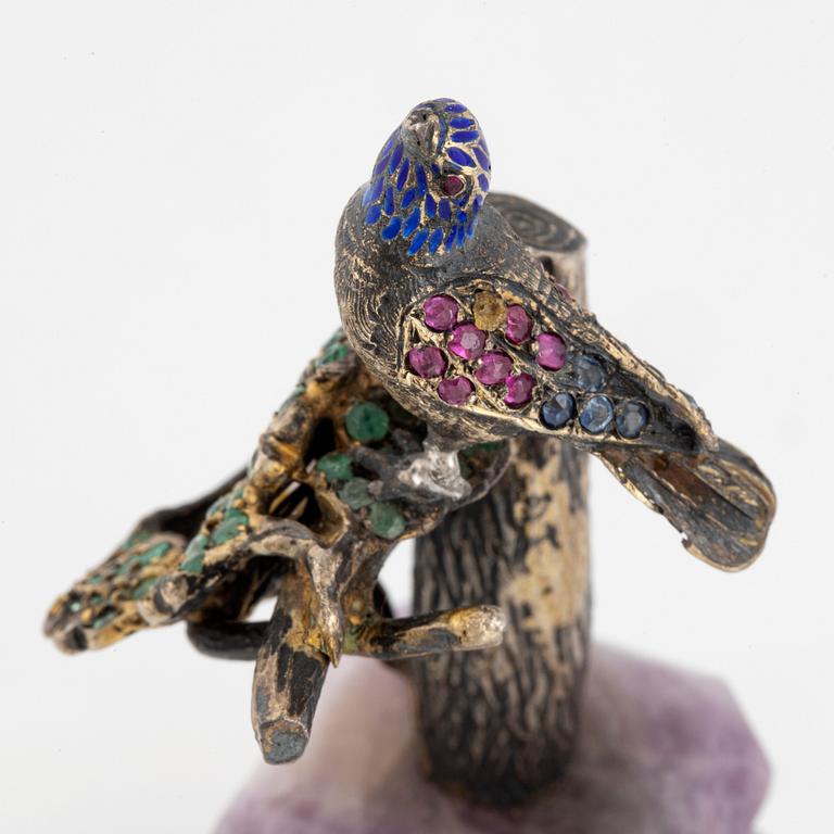 Silver and coloured stone bird sculpture.