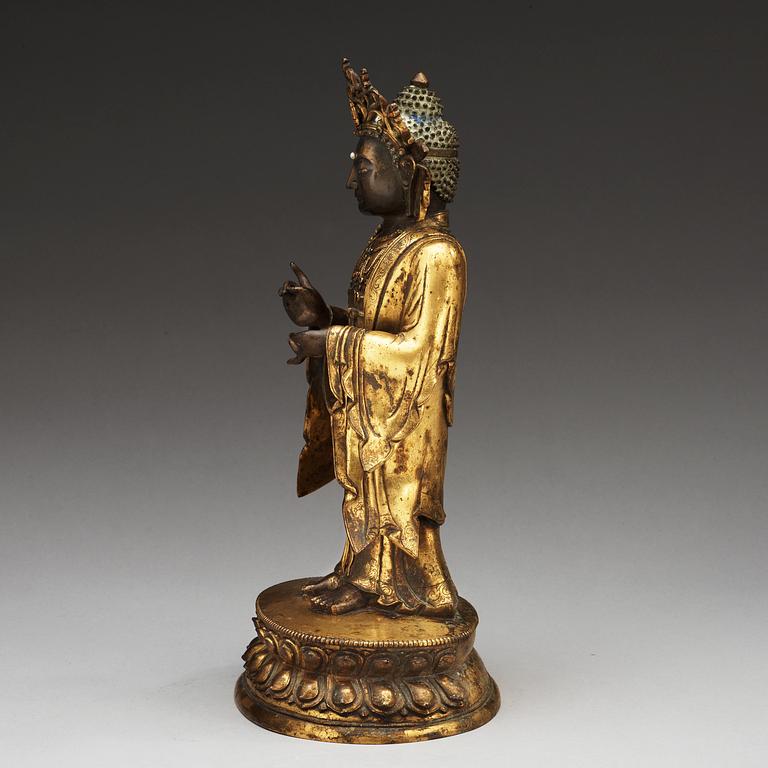 A gilt bronze figure of a Bodhisattva, Qing dynasty.