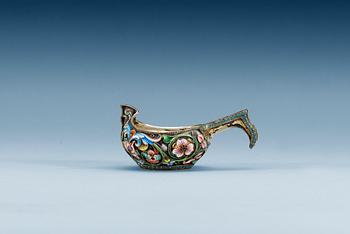 A RUSSIAN SILVER-GILT AND ENAMEL KOVSH, makers mark of the 20th Artel, Moscow 1908-1917.