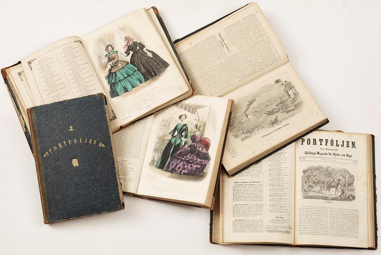 INBUNDEN TIDSKRIFT, 7 vol, "Portföljen...Skillings-Magasin för nytta och nöje", 1849-58.