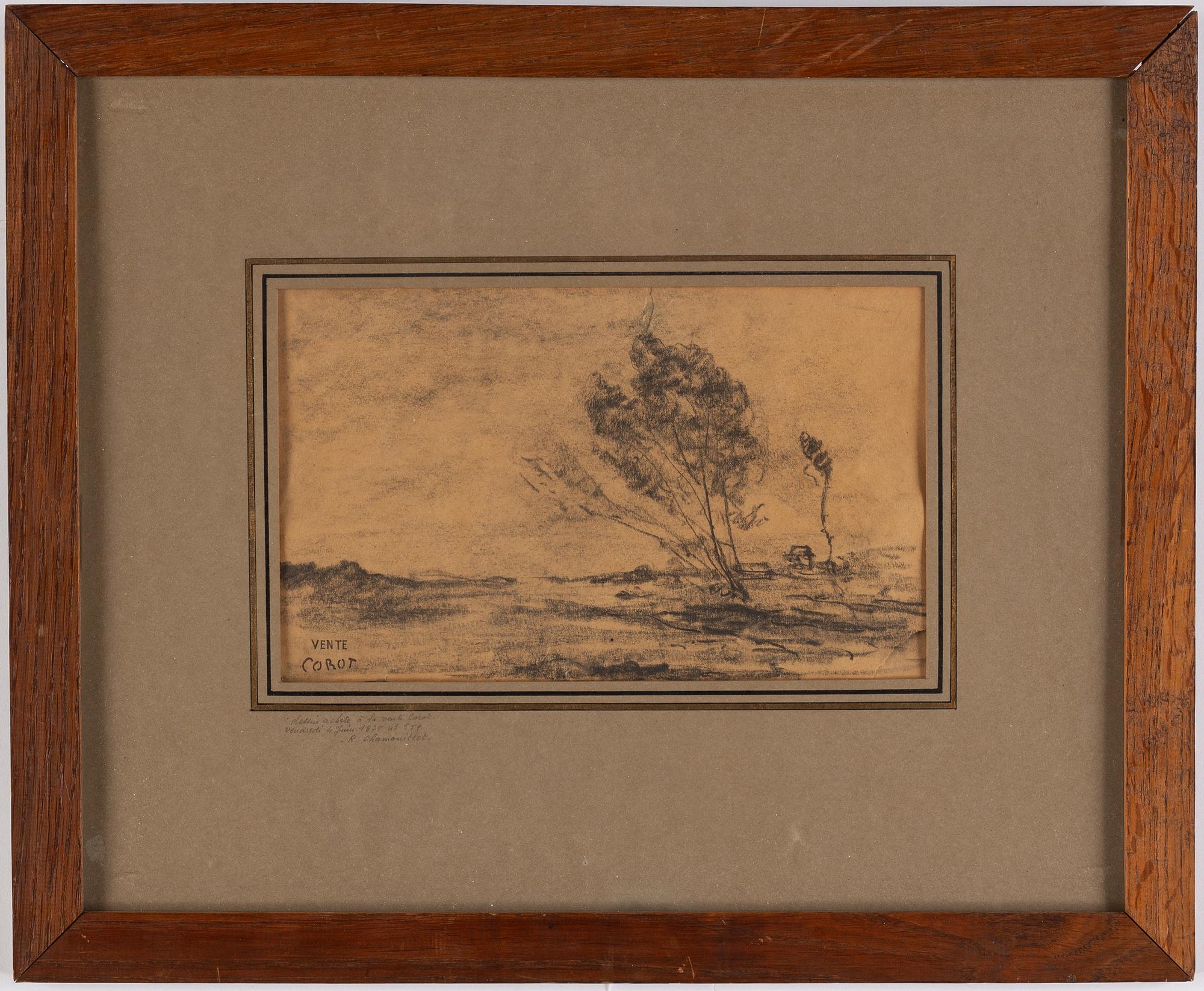 JEAN BAPTISTE CAMILLE COROT, charcoal drawing, staped signature Vente Corot.