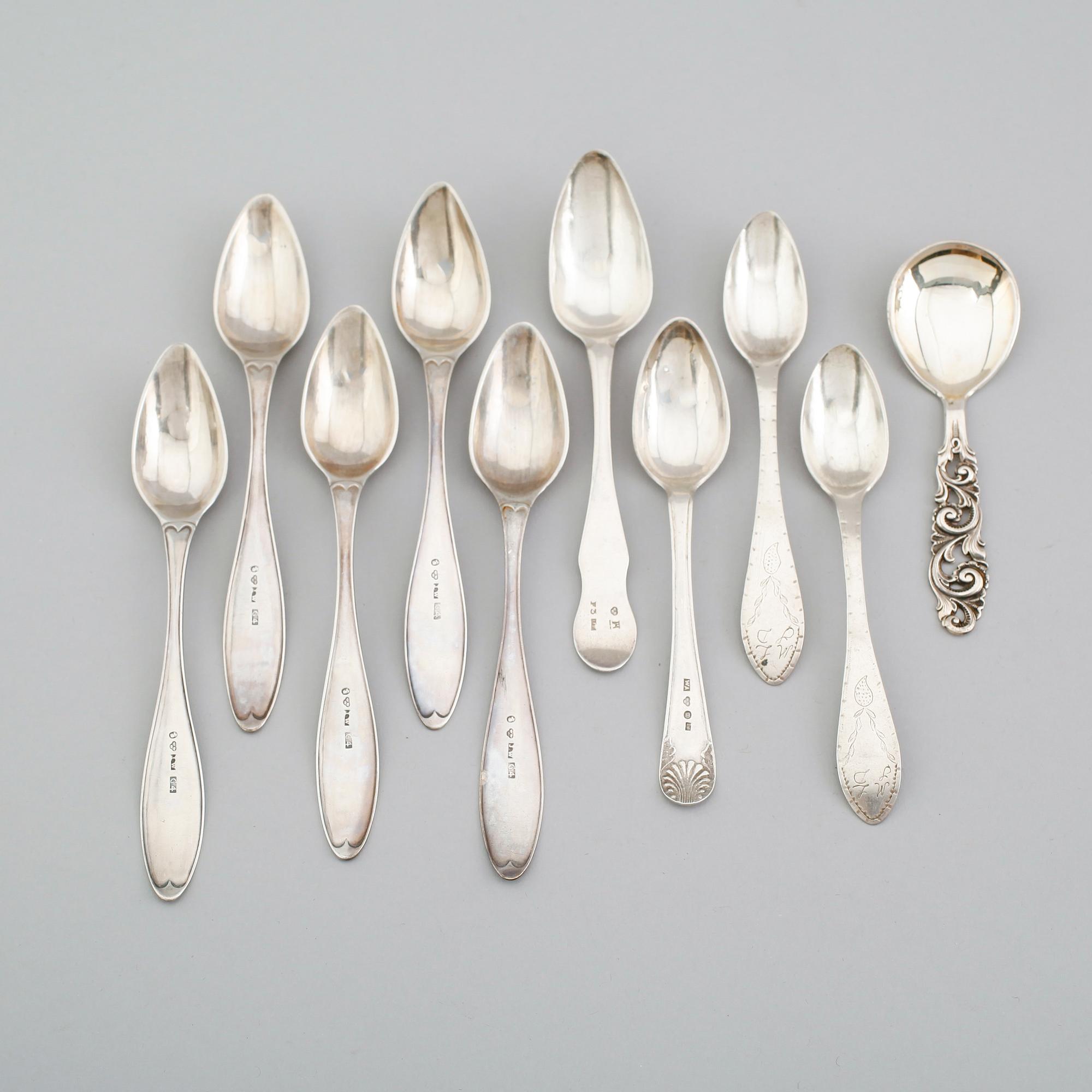 SKEDAR, 10 st, silver, olika modeller, 1800-/1900-tal. Vikt ca 147 gram.