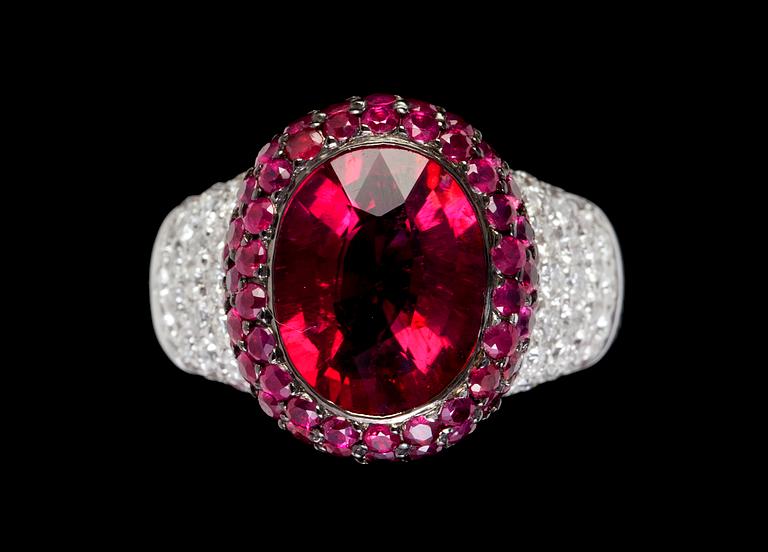 A rubellite, ruby and diamond ring.