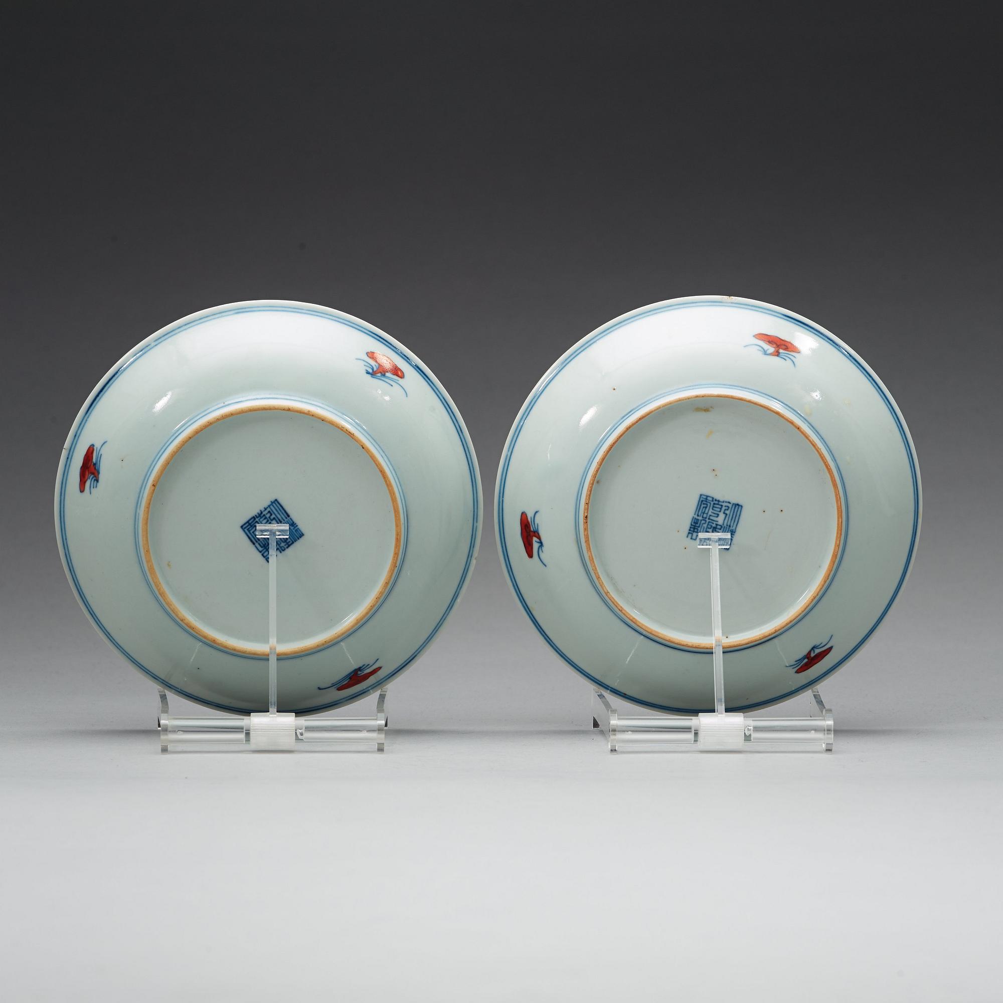 Two doucai lotus dishes, late Qing dynasty with Qianlong seal mark.