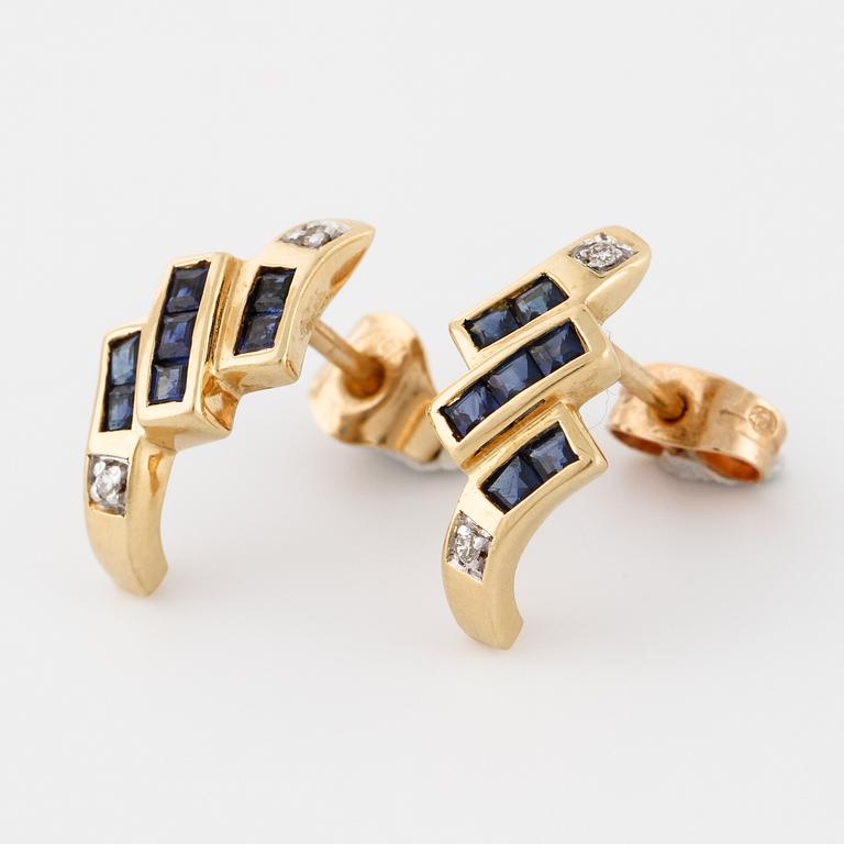 A pair of square cut sapphire and brilliant cut diamond earrings.