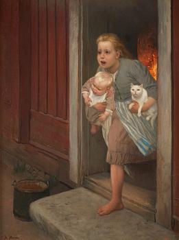 526. August Malmström, ”Elden är lös! Exteriör med två barn och en katt” (Fire! Exterior with two children and a cat).