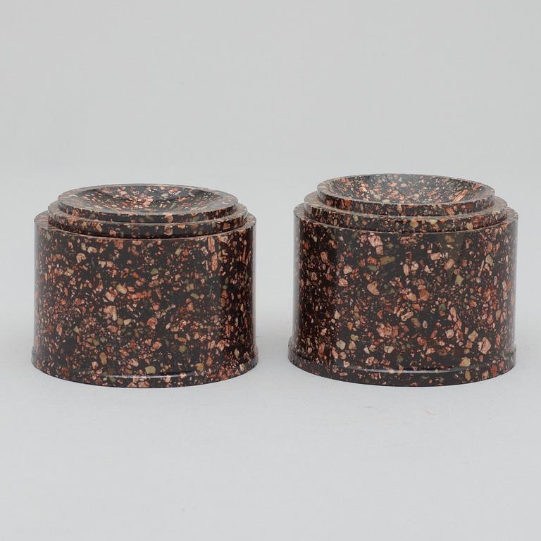 A Swedish 19th century porphyry set with inkwell and sand holder.