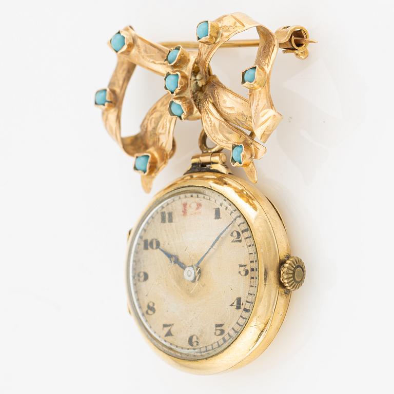 Watch with brooch, 18K gold with turquoise stones.