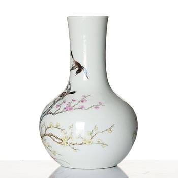 A famille rose 'mag-pies and prunus' vase, late Qing dynasy/Republic with Yongzheng mark.