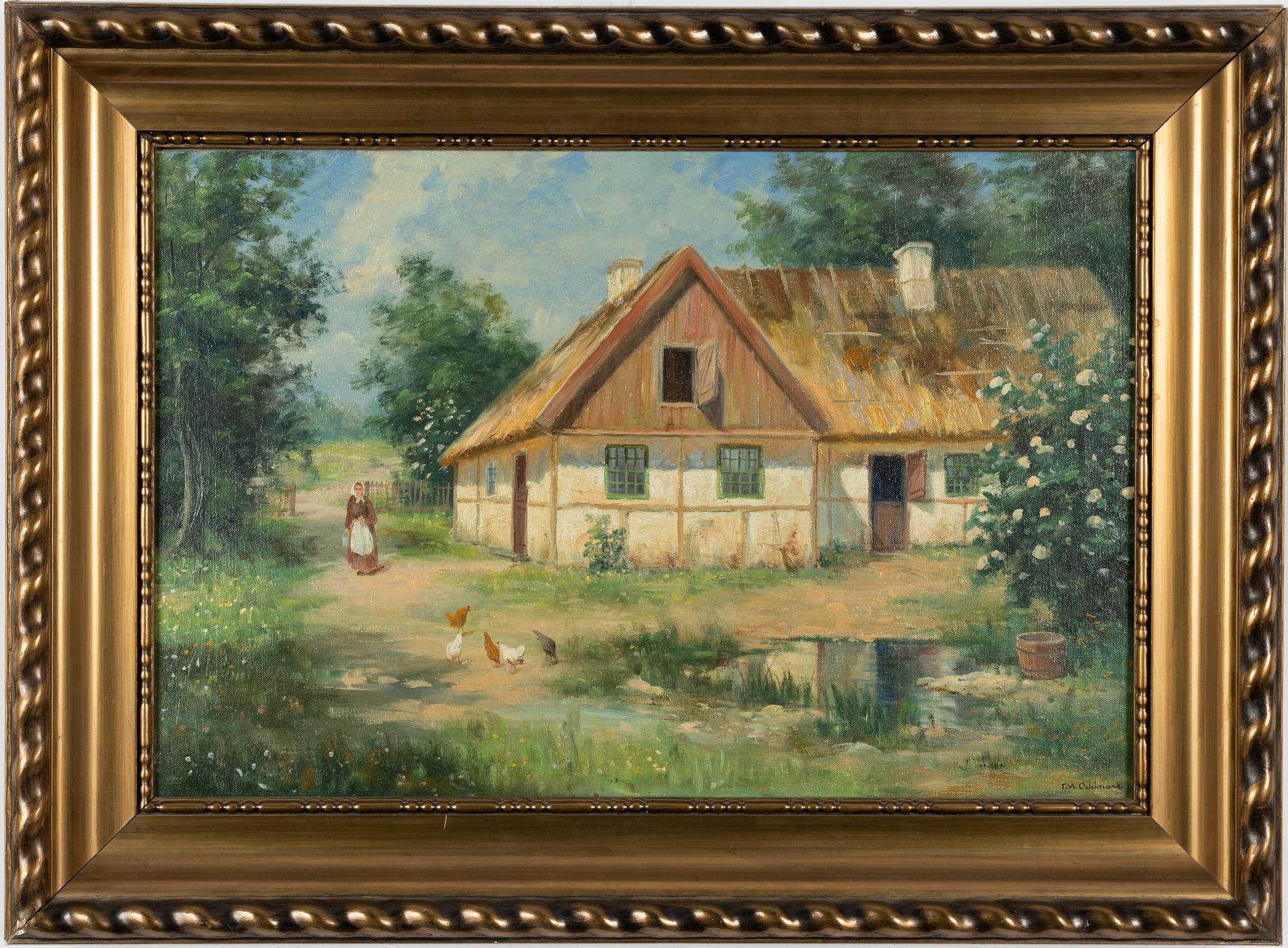 Frans Wilhelm Odelmark, Sunlit Courtyard with Woman and Chickens, Skåne.