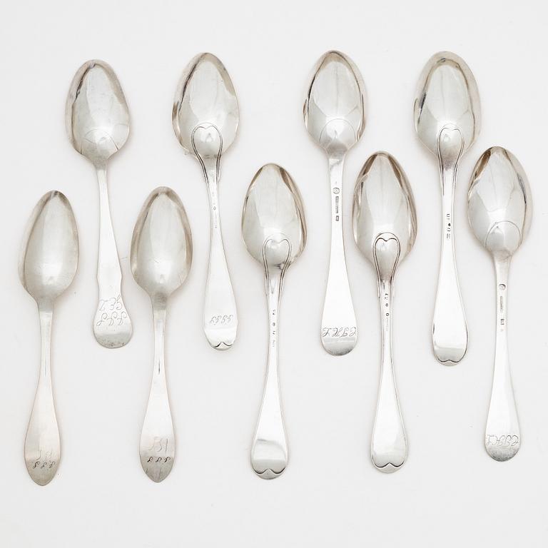 Nine Swedish silver spoons, early 19th century.