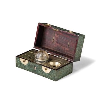 1360. A leather clad box with a hardwood and pewter writing set, Japan, Meiji (1868-1912).