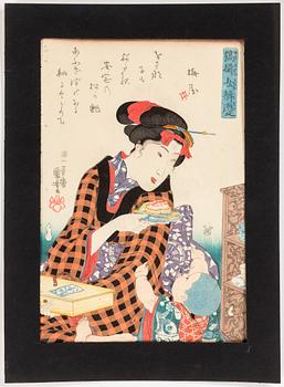 Two Japanese woodblock prints by UTAGAWA KUNIYOSHI, from the series of Women as Benkei. Publisher: Iba-ya Kyûbei 1844.