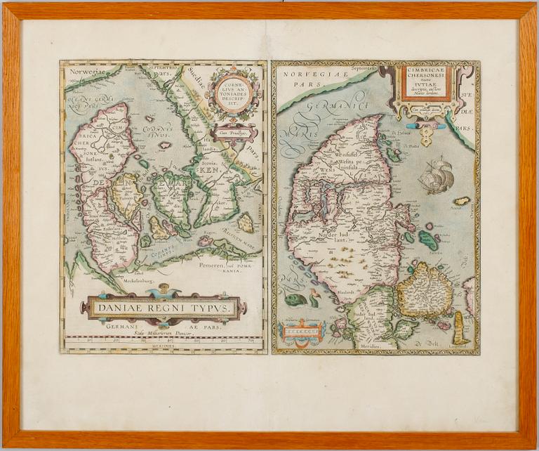 KARTA, kolorerat kopparstick, möjligen Ortelius, daterad 1595.