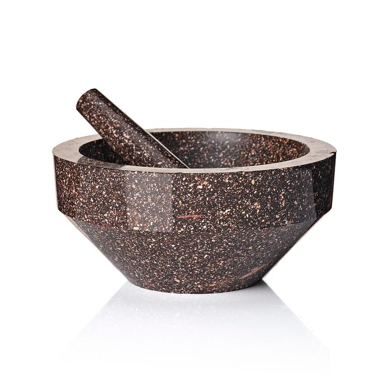 A Swedish 'Blyberg' porphyry mortar and pestle, Älvdalen, 19th century.