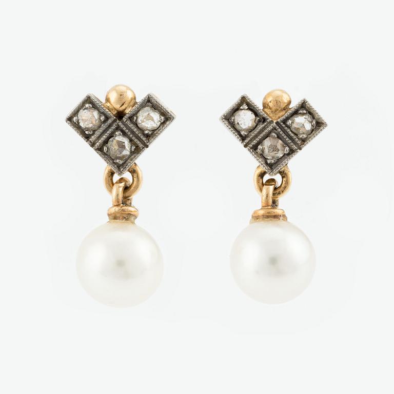 Earrings, a pair, gold with pearls and small rose-cut diamonds.
