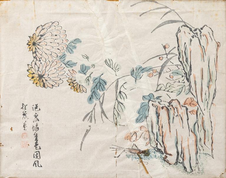 Unidentified artist, Chrysanthemums and a cricket at a rock, Suzhou 17th/18th century.