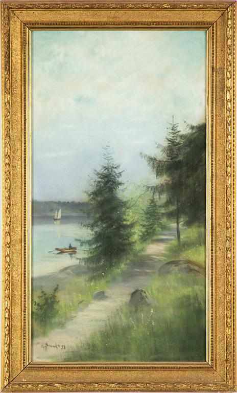 Carl Brandt, View over a lake with a sailing boat and a rowboat.
