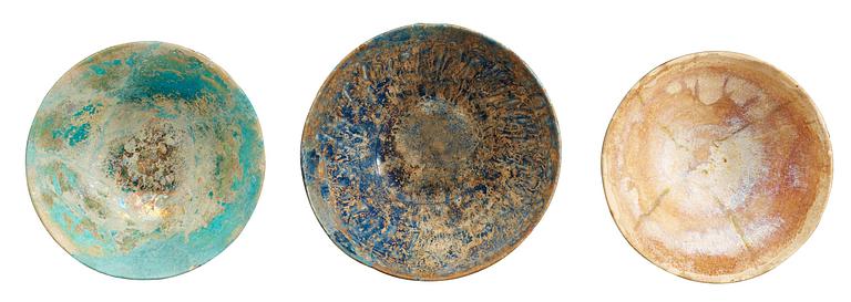 BOWLS, 3 pieces. Diameter 17, 15,5 and 15,5 cm. Iran 12th century.