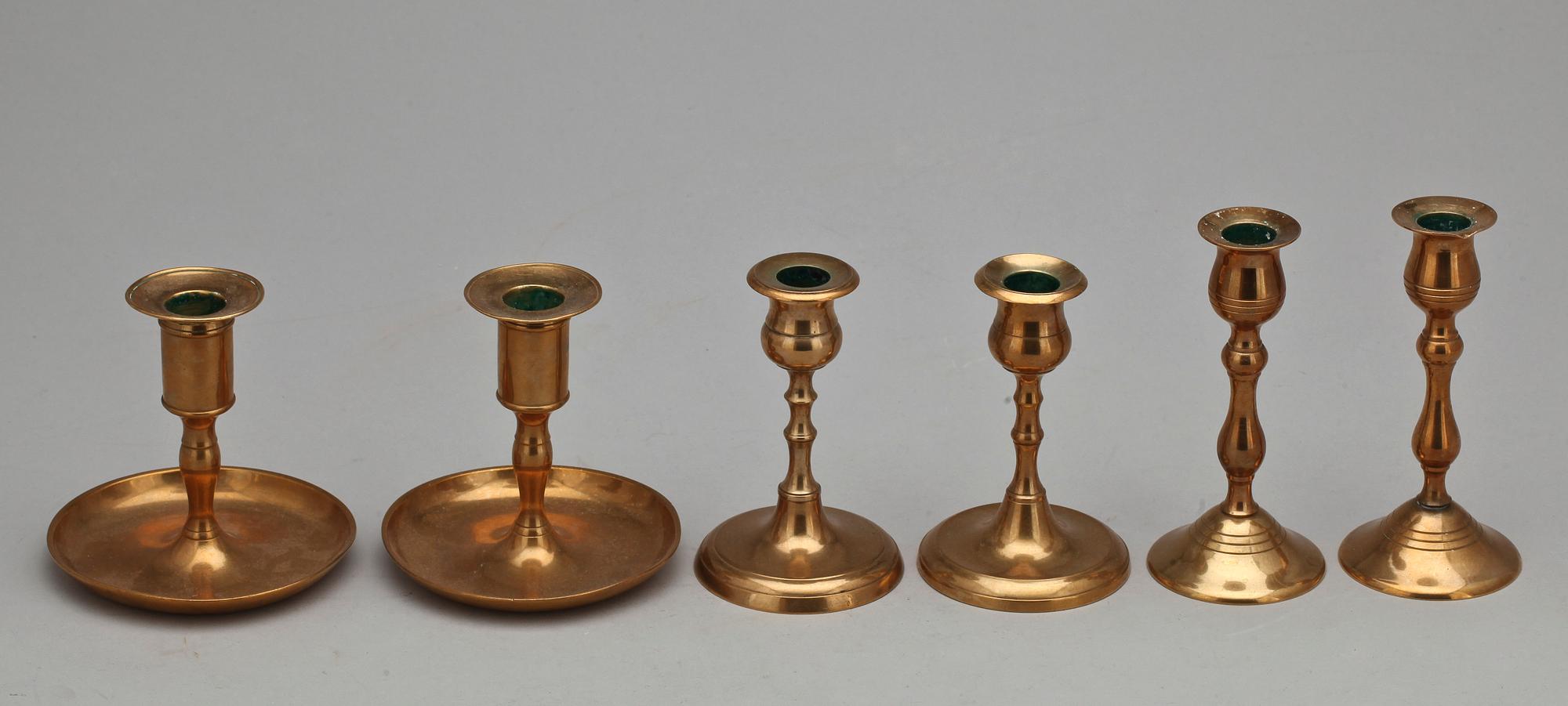 LJUSSTAKAR, 6 st, mässing, bla WMF, Tyskland, 1800/1900-tal.