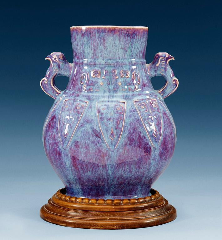 A flambé glazed hu shaped vase, Qing dynasty, presumably 18th Century.