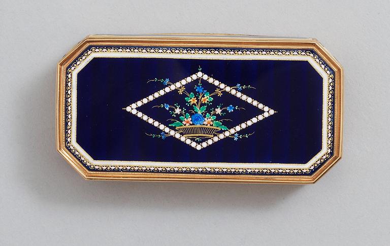 A Swiss late 18th century/early 19th century gold and enamel snuff-box.