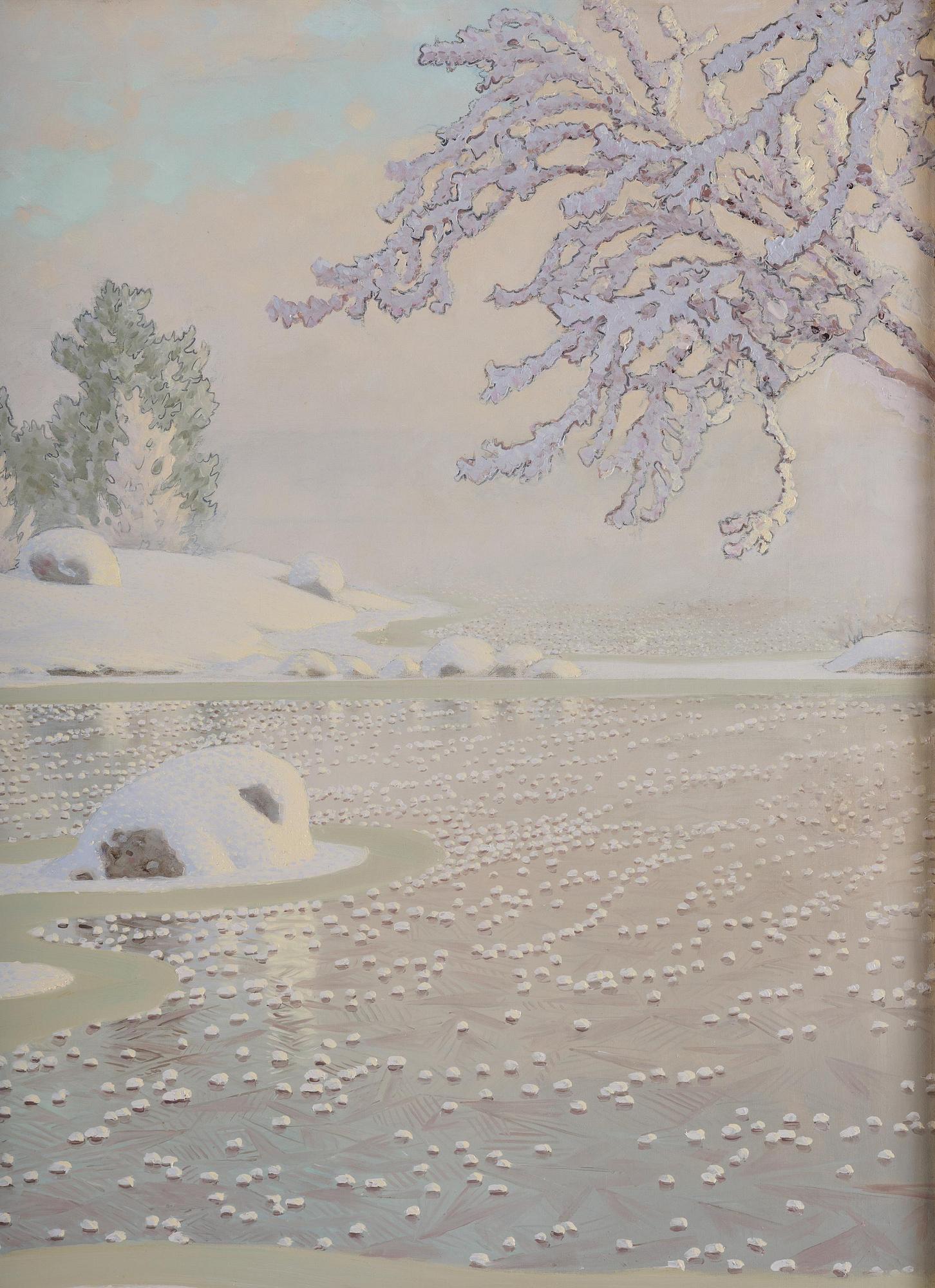 Gustaf Fjaestad, Rime frost over frozen lake in sunlit landscape.