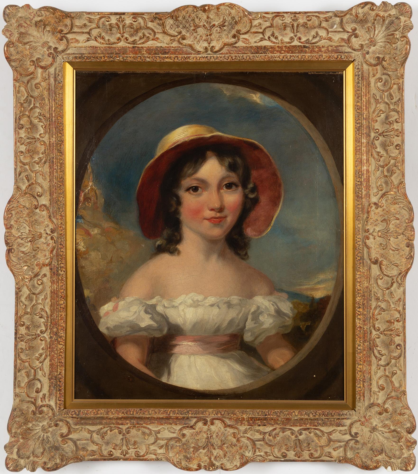 Okänd konstnär, 1800-tal, Porträtt av flicka i vit klänning.